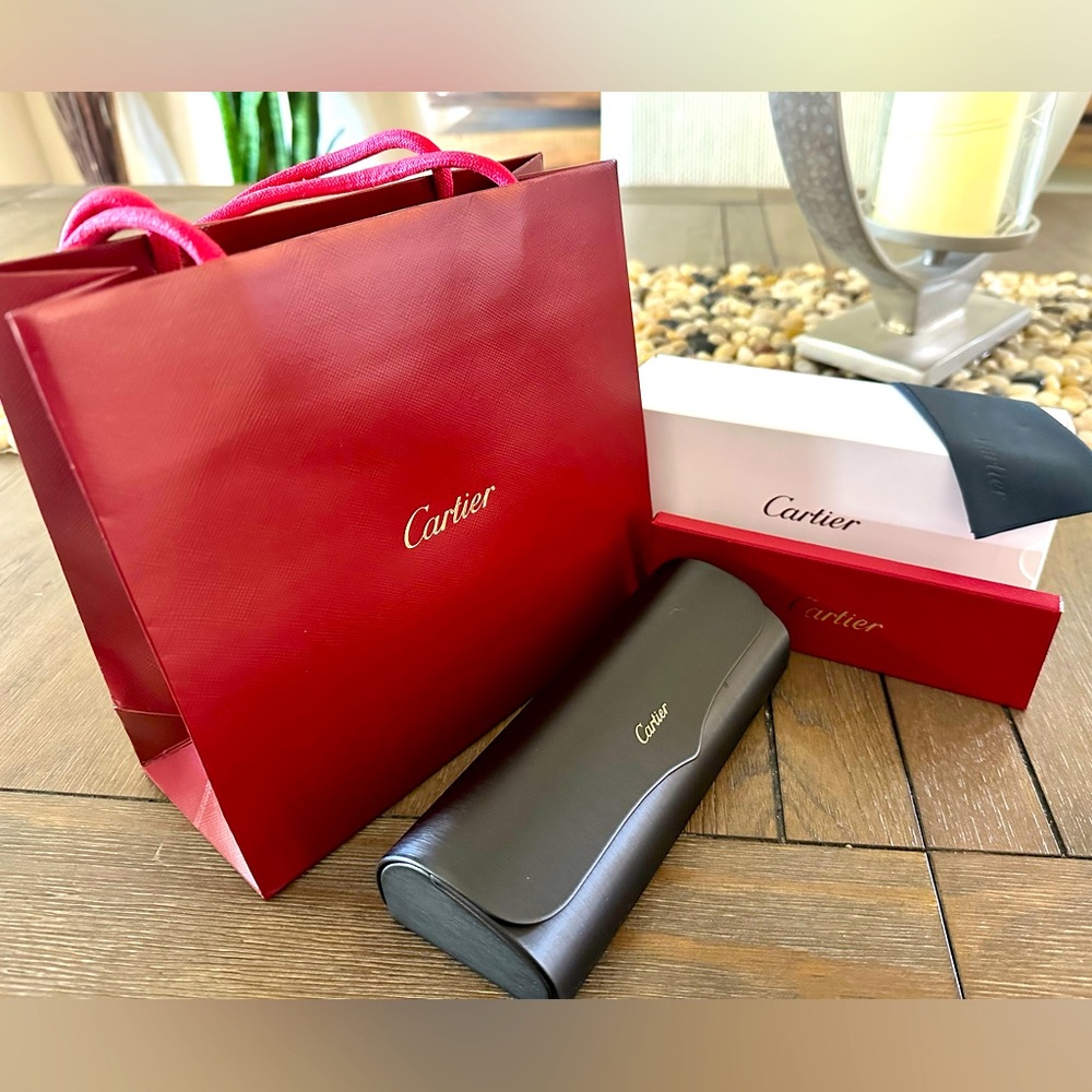 Authentic New Cartier Medium Sized Eyeglass Case Set Including Red Gift Bag.